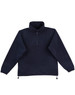 A navy polar fleece pullover for kids with a high collar and a zippered front. It has an adjustable hem with toggles.