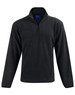 A black half zip polar fleece pullover with long sleeves and a collar, featuring a logo on the chest.