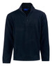A black kid's half zip polar fleece pullover with a high collar and long sleeves, featuring a logo.