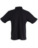 A black children's traditional polo shirt with short sleeves, featuring a collar and a logo on the back.