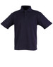 A navy blue children's polo shirt with a collar and short sleeves, featuring three buttons and a logo.