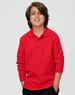 A red long sleeve polo shirt for kids, featuring a collar and a logo on the chest.