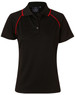A black polo shirt with red detailing, featuring a collar and short sleeves, and includes a logo.