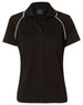 A black ladies polo shirt with white piping, featuring a collar and short sleeves, along with a branding logo.