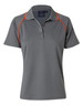 A grey ladies polo shirt featuring a collar and orange piping, with a logo on the chest.