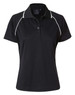 A black polo shirt featuring white piping, short sleeves, and a collar. It has a logo on the chest area.