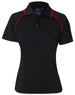 A black polo shirt with red accents and a collar, featuring a logo on the chest.