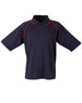 A navy polo shirt with red accents, featuring a collar and short sleeves, branded with a logo.