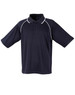 A black polo shirt with short sleeves and a contrasting collar, featuring a logo on the chest.