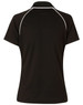 A black short-sleeved polo shirt with raglan sleeves and a contrasting piping detail. Features a logo.