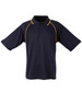 A navy blue polo shirt with yellow accents and a collar, featuring a logo on the chest area.