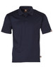 A navy polo shirt featuring short sleeves and a logo on the collar, designed for workwear.