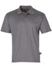 A grey short-sleeve polo shirt featuring a logo, with textured shoulder panels and a classic collar design.