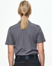 A grey short-sleeved polo shirt viewed from the back, featuring a simple design and a logo on the collar.