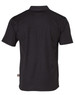 A black short-sleeve polo shirt with a logo on the back, designed for workwear.