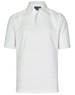 A white polo shirt with a classic collar and short sleeves, featuring a branded logo.