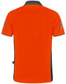 An orange polo shirt with contrasting grey detailing and a logo on the side.