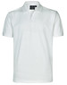 A white polo shirt with a collar and short sleeves, featuring a logo on the neckline.