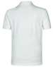 A white men's polo shirt featuring short sleeves and a collar, with a logo on the back.