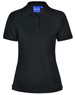 A ladies' black polo shirt featuring a classic collar and short sleeves, with a logo on the neck.