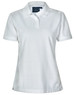 A white ladies' polo shirt with a collar and short sleeves, featuring a logo on the chest.