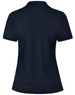 A navy blue ladies’ polo shirt with a classic collar and short sleeves, featuring a logo on the back.