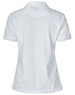 A white ladies' polo shirt featuring a short design and rolled sleeves, with a logo on the back.