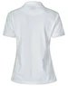 A white ladies' polo shirt featuring a short design and rolled sleeves, with a logo on the back.