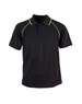 A black polo shirt with green accents, featuring a collar and three buttons. It has a logo on the front.