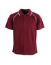 A maroon kid's polo shirt with white piping and a logo on the chest. It features a collar and buttons.