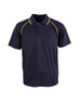 A navy polo shirt with yellow accents and a three-button placket. It features a logo on the chest.
