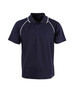 A black polo shirt with white accents and a three-button collar. It features a logo on the chest.