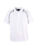 A white polo shirt with black piping and a collar. It features a logo on the upper left side.