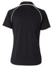 A black polo shirt featuring a raglan design with contrasting piping. The shirt has a logo on the back.