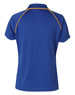 A blue polo shirt featuring yellow piping, designed for kids, with a branded logo on the back.