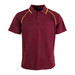 A maroon polo shirt with yellow accent detailing and a branding logo on the front.