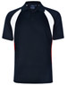 Men's tri sport polo featuring black, white, and red colour blocks with a collar and a logo on the chest.
