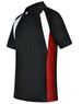 A black polo shirt with white and red accents, featuring a collar and short sleeves. It has a logo on the chest.
