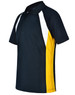 A men's polo shirt featuring a navy body with white and yellow side accents, and a three-button placket.