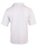 A white short-sleeved polo shirt with a collar, featuring a logo on the back.