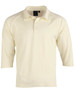 A light cream, men's 3/4 sleeve cricket polo shirt with a collar and a logo on the chest.