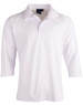 A white men's 3/4 sleeve cricket polo shirt with a collar and a logo.
