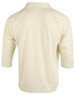 A cream-coloured men's 3/4 sleeve cricket polo shirt with a back view and a logo on the side.