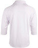 A mens 3/4 sleeve cricket polo in white, featuring a classic collar and a logo on the back.