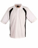 A white and black Men's Athens Sport Polo featuring a contrasting design and a logo.