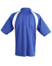 A blue men's polo shirt featuring white side panels and a collar. The shirt has a logo on it.