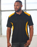 A black polo shirt with yellow accent panels, featuring a collar and short sleeves. It has a logo.
