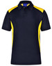 A navy and yellow Men's Winner Polo with a collar and short sleeves, featuring a logo.
