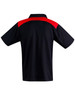 A black polo shirt with red accents, featuring short sleeves and a collar. It has a small logo on the front.