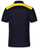 A navy polo shirt featuring a yellow collar and shoulder detailing, with a logo on the back.